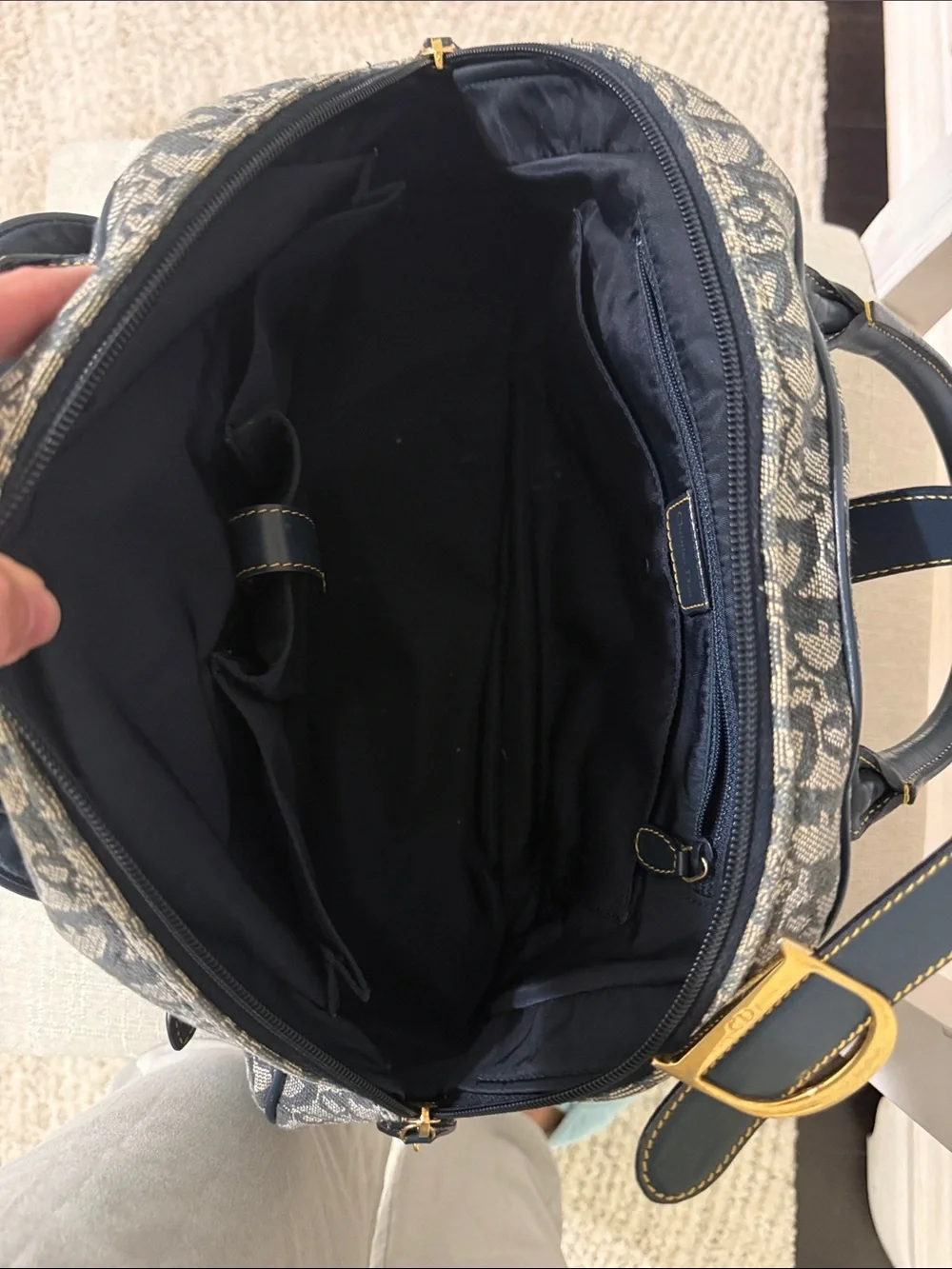 Dior Navy and Grey Jacquard Satchel with Gold 'D' Hardware